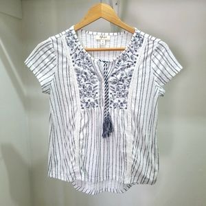 Women's Style & Co Blue & White Short Sleeved Floral Peasant Top - Petite Small